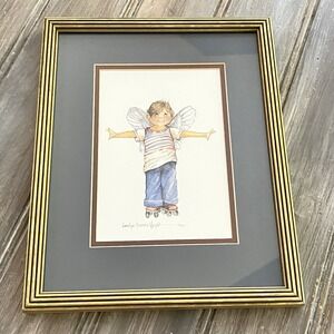 1995 Carolyn Shores Wright Cherub Skater Framed Art boy jeans 9x11 angel blue